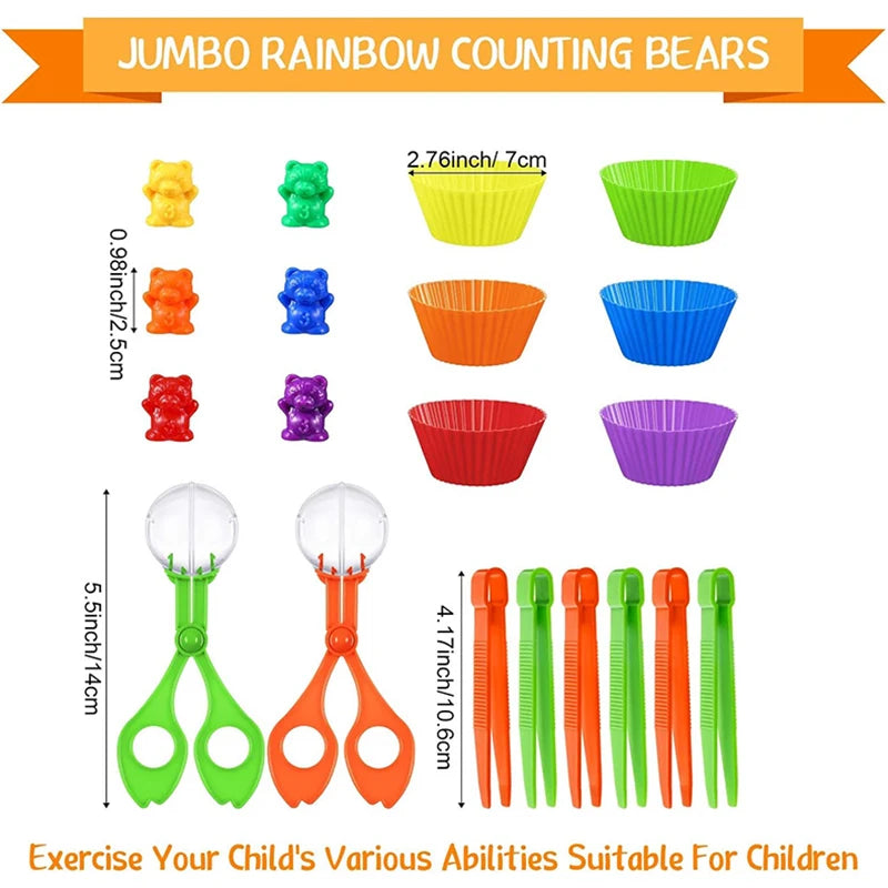 Colorful Counting Bears with Sorting Cups & Tweezers, Toddler Counting & Color Sorting Educational Toy Gift for Kids Boys Girls