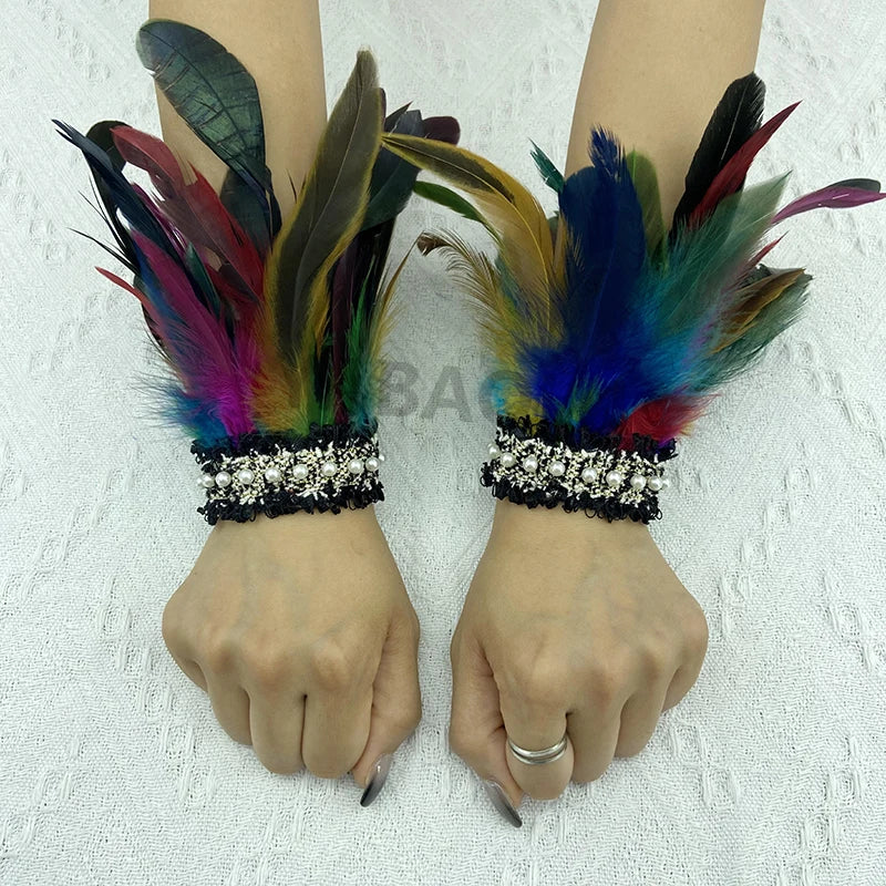 Natural Feather Wrist Cuffs Elegant Fur Sleeve Arm Accessories Gothic Halloween Cosplay Feather Gloves Pearl Arm Cuff 2pcs
