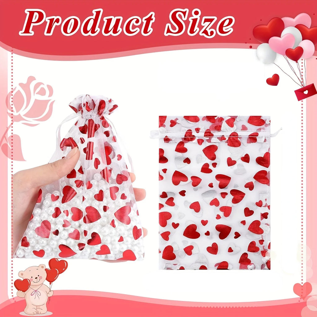 100PCS Valentines Day Organza Bags Drawstring Organza Jewelry Pouches Bulk Wedding Party Favor Gift Mini Candy Mesh for Party