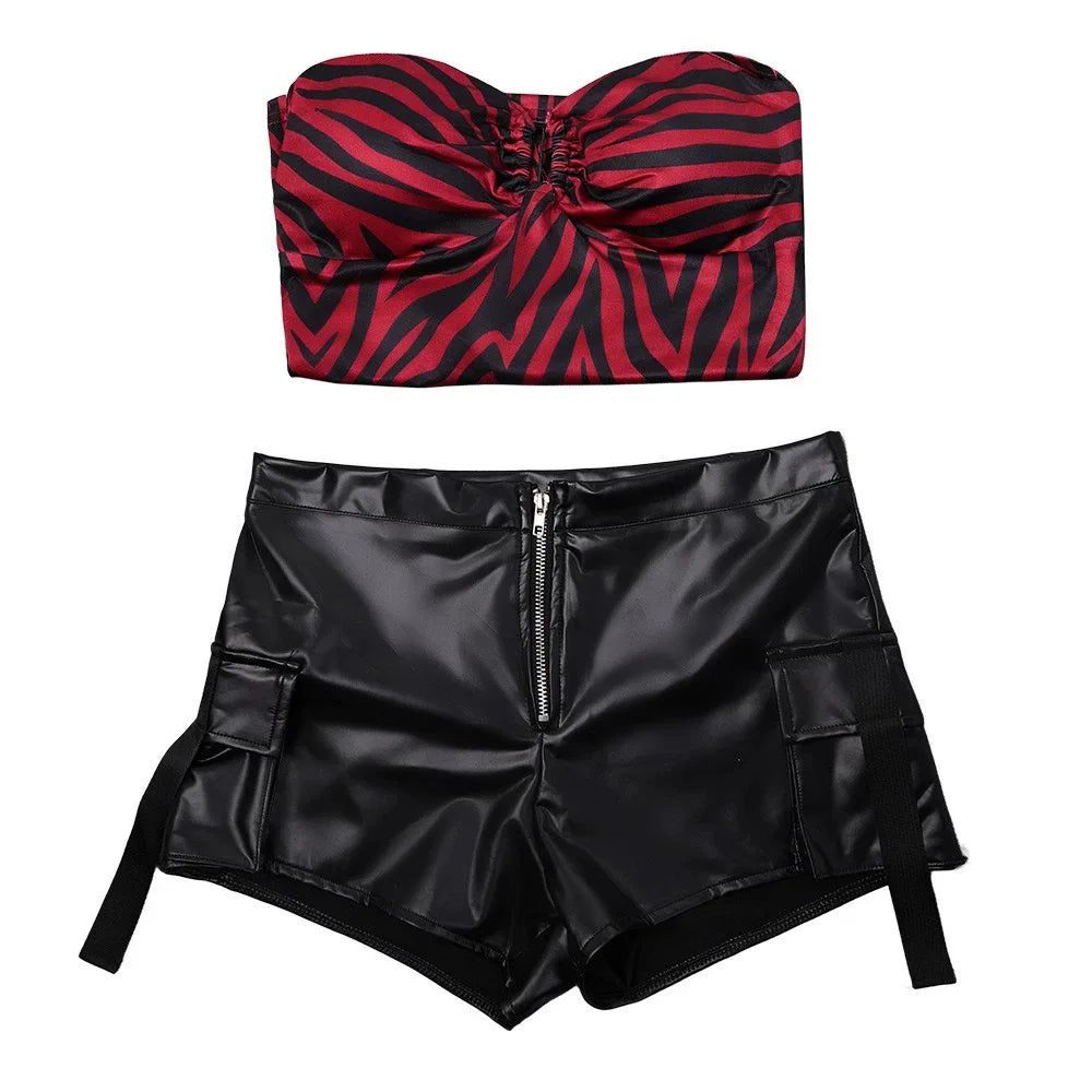 Women’s Zebra Print Punk Cosplay Costume with Cargo Shorts