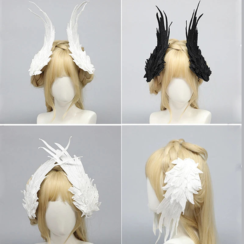 Black Devil Wing Hair Headdress with Feather Embroidery