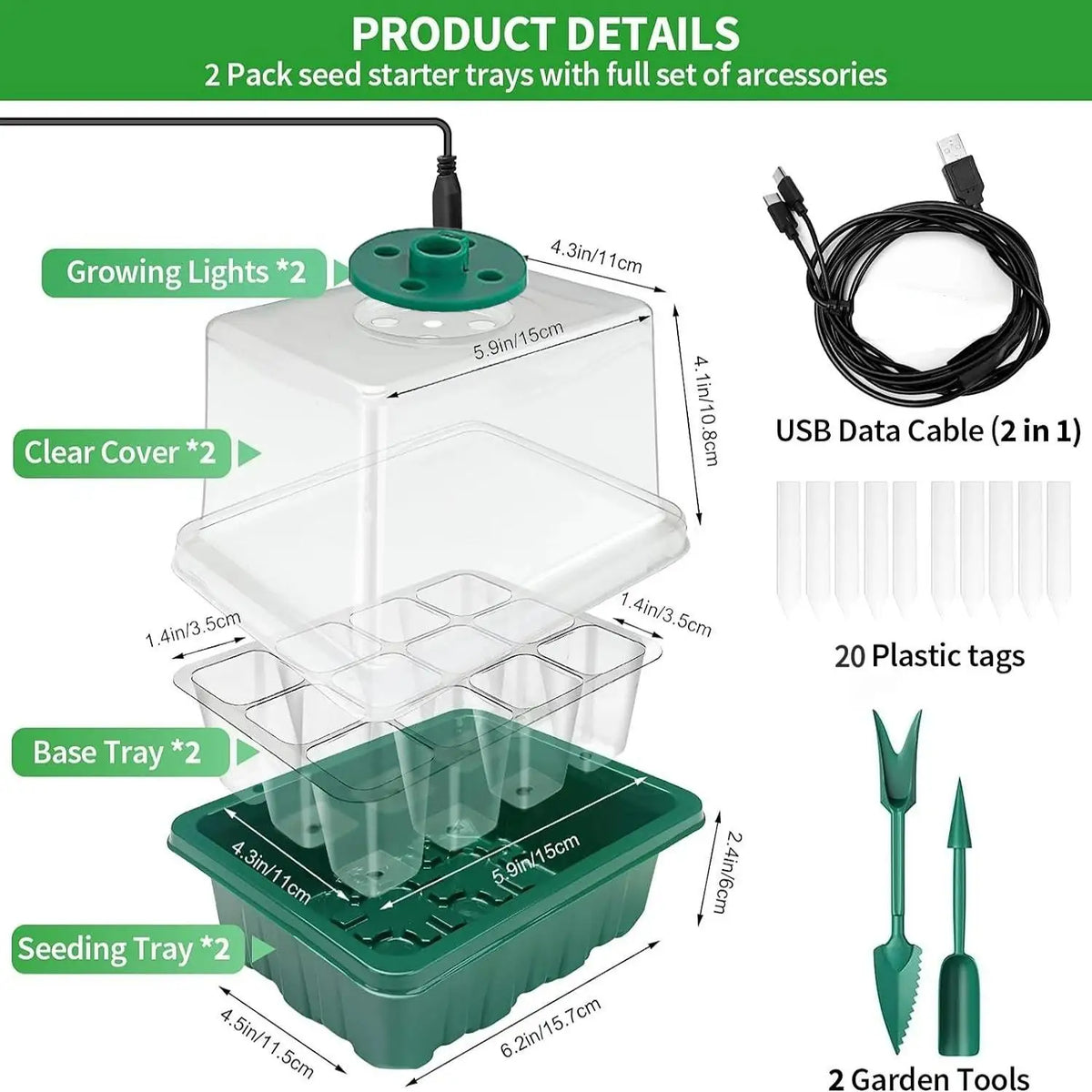 Seed Starter Tray with Grow Light, 2 Pack Seed Germination Kit, Adjustable Humidity Dome, Indoor Home Seedling Starter Tray