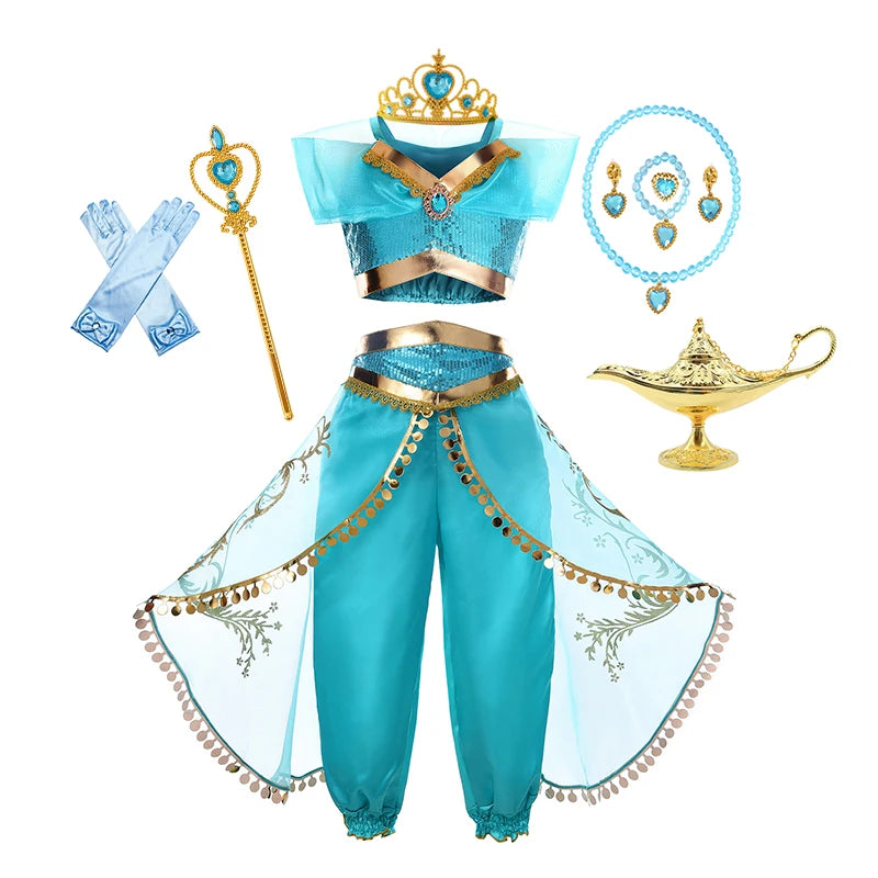 Title Girls Princess Jasmine Cosplay Costume Set Kids Arabian Outfit With Wig Crown Lamp Halloween Carnival Birthday Party Fancy Dress