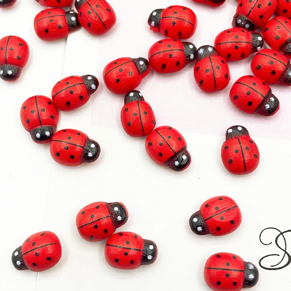100pcs Wooden Mini Ladybugs Stickers, 8x11mm Self Adhesive Red Painted DIY Craft Scrapbooking Home Garden  Party Decoration