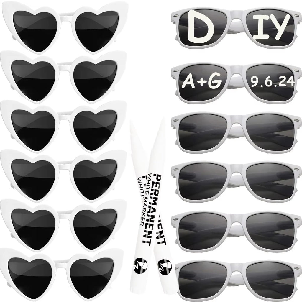 12-120Pcs Wedding Heart Sunglasses with Pen Personalised Heart Glasses Bachelorette Party Sunglasses for Wedding Party Favors
