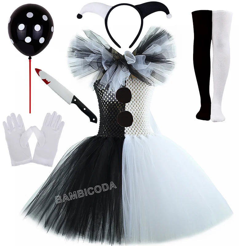 Girls Black White Horror Clown Tutu Dress Costume