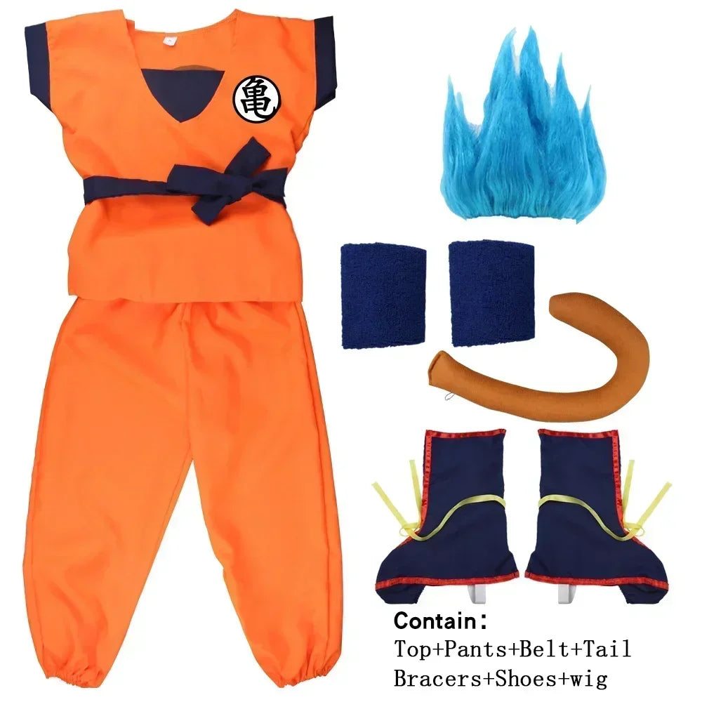 Blue Gold Anime-Inspired Martial Arts Costume with Wig & Tail