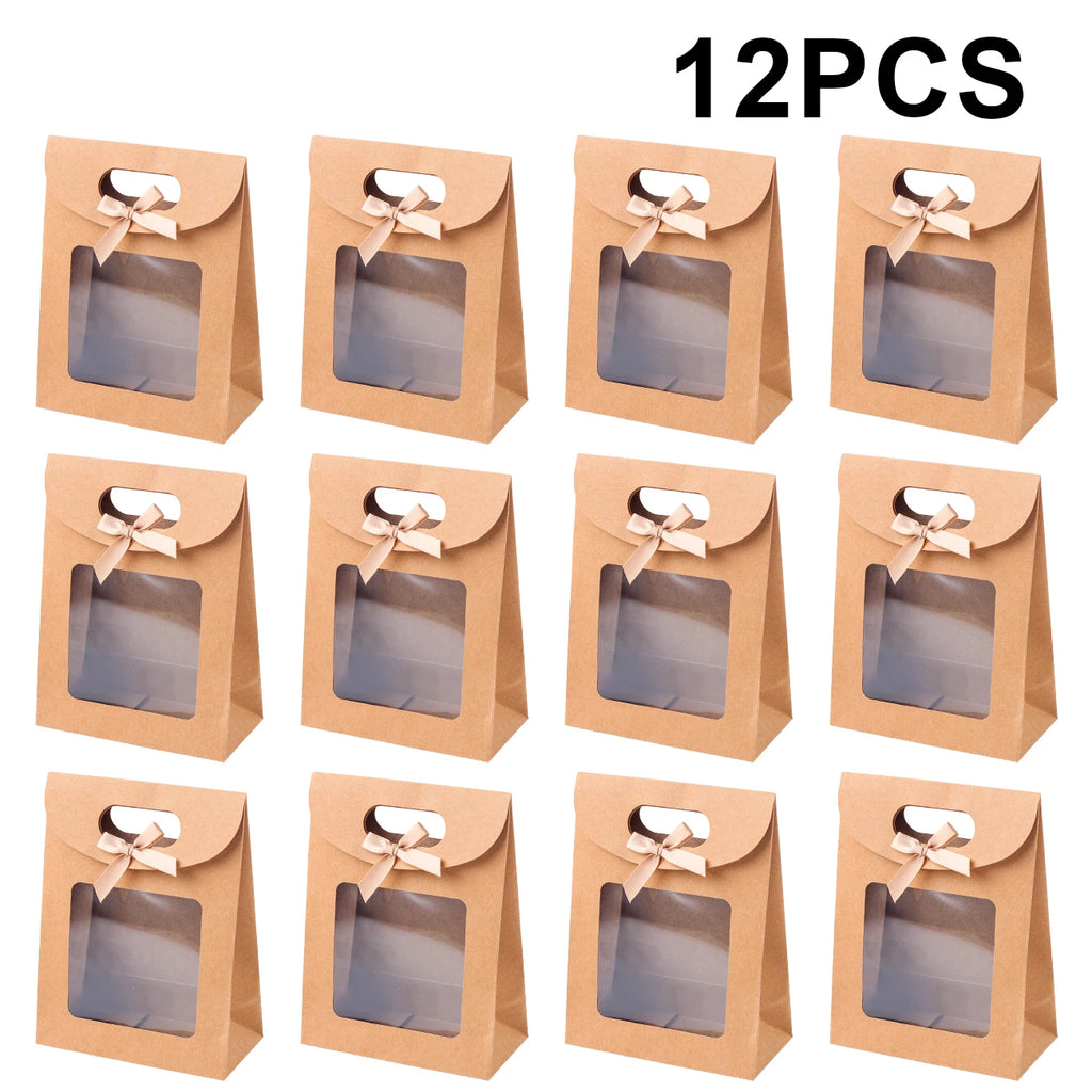 6/12PCS Kraft Paper Bags with Window, Box Reusable Gift Bag for Women, Candy Cookies Packaging Wedding Christmas Party
