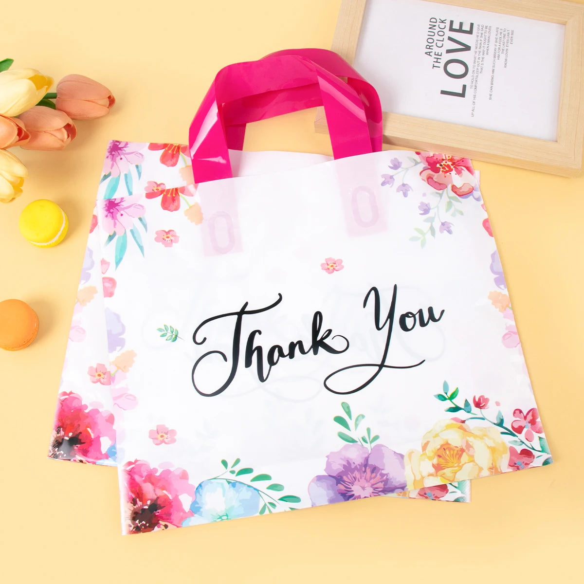 10pcs Thank You Gift Bag with Handles Plastic Floral Design Thank You Tote Bags birthday party packing Bags Wedding Favors Bag