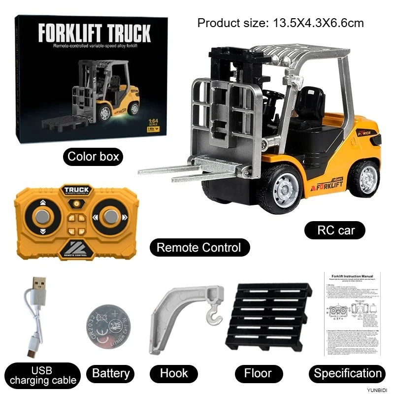 1:64 2.4G RC Mini Alloy Car Forklift with Trailer Excavator Desktop Game Remote Control Engineering Lift Truck Child's Toy Gifts