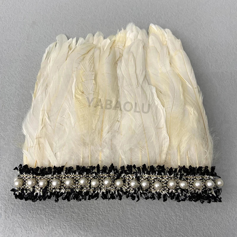 Natural Feather Wrist Cuffs Elegant Fur Sleeve Arm Accessories Gothic Halloween Cosplay Feather Gloves Pearl Arm Cuff 2pcs