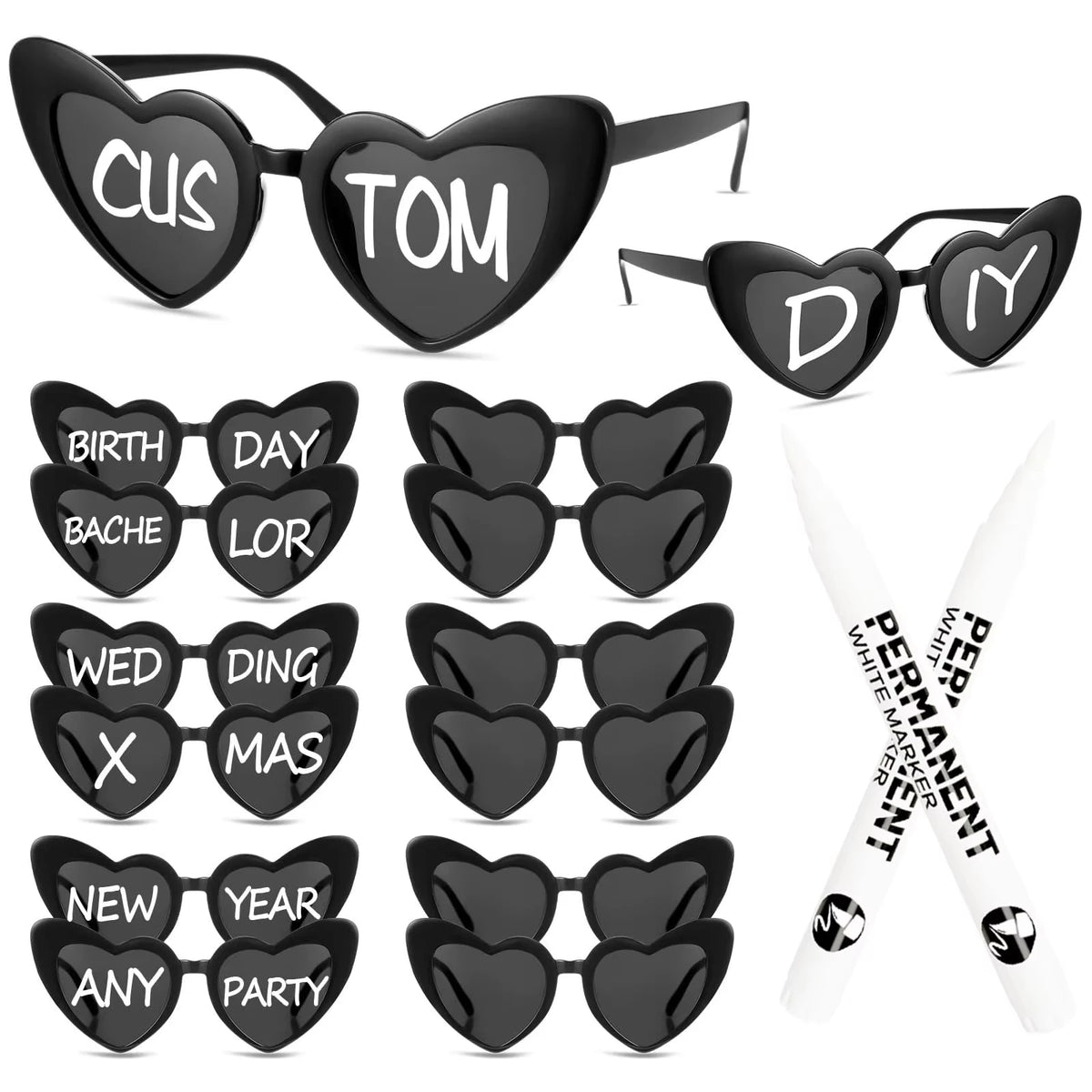 12-120Pcs Wedding Heart Sunglasses with Pen Personalised Heart Glasses Bachelorette Party Sunglasses for Wedding Party Favors