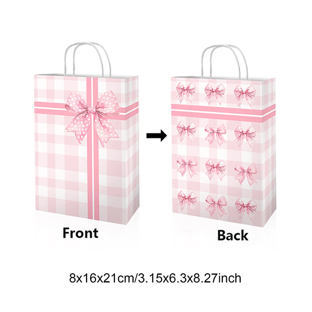 6/12/24/48pcs Pink and White Bow Paper Gift Bags Birthday Favor Bags with Handles Candy Bags Baby Shower Wedding Party Supplies