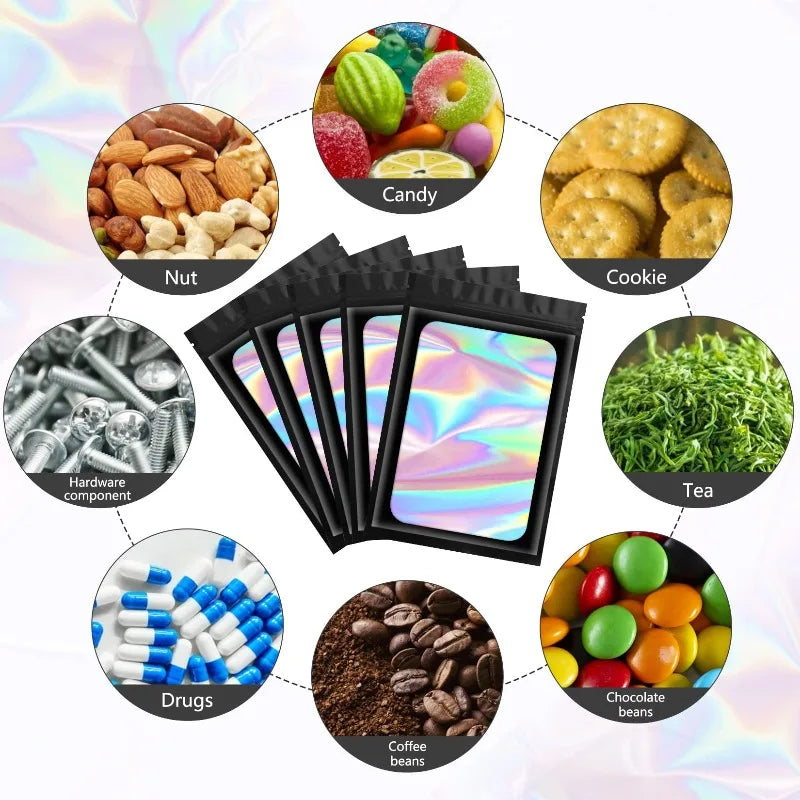 500Pcs Holographic Ziplock Bags Plastic Laser Iridescent Zip Bags for Manicure Eyelash Display Earrings Ring Jewelry Storage Bag
