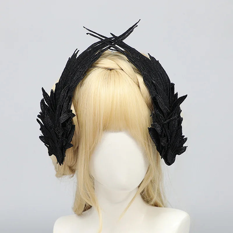 Black Devil Wing Hair Headdress with Feather Embroidery