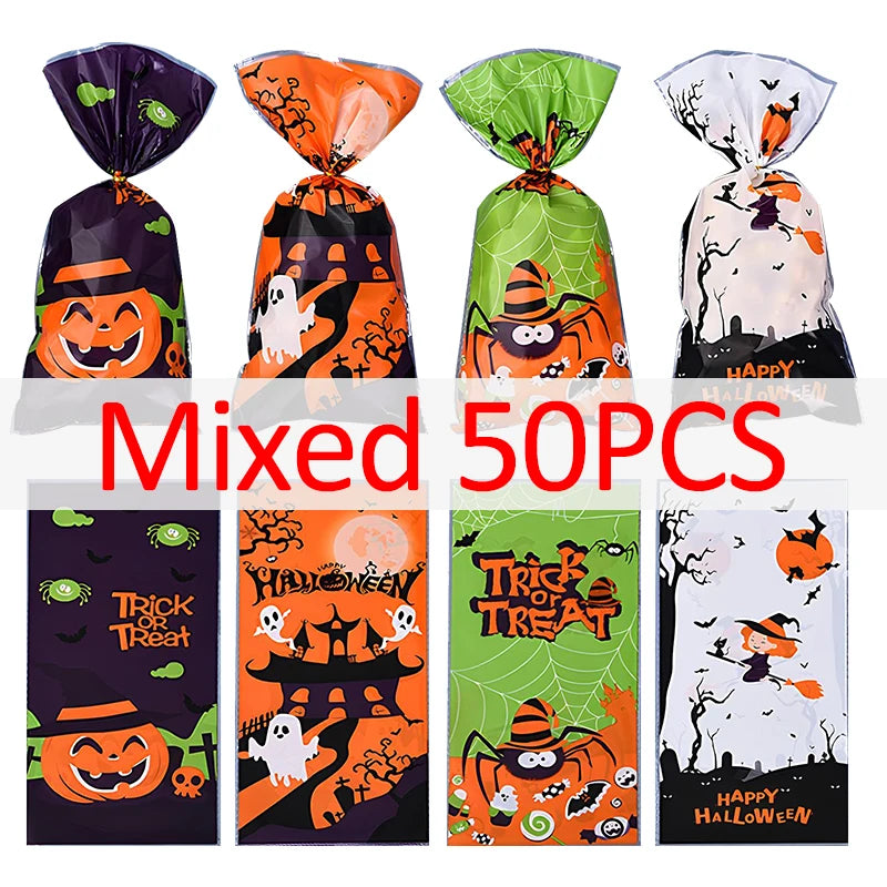 50/100PCS Treat Bags Pumpkin Ghost Bat Plastic Candy Bags with Twist Ties Halloween Party DIY Decoration Gift Packaging Bags ZYF
