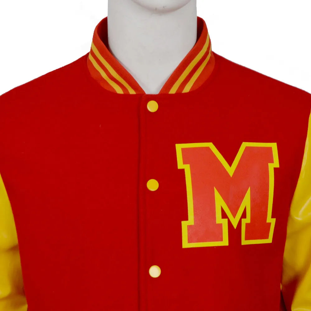 Men's Red Yellow Colorblock Varsity Bomber Cosplay Jacket