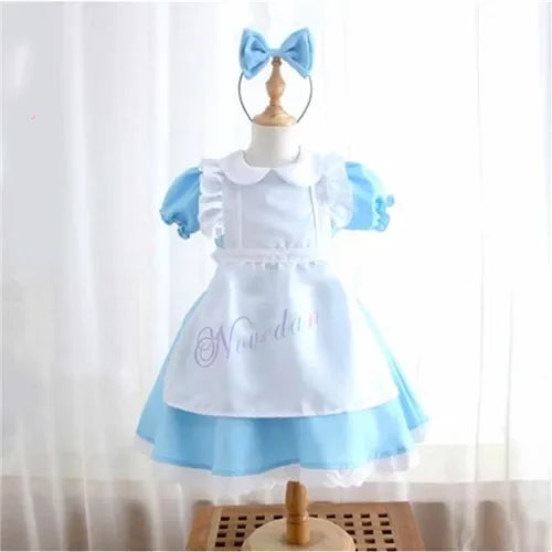 Halloween Baby Girls Kids Anime Alice Adventures Blue Fancy Party Dress Alice Dream Child Lolita Sissy Maid Cosplay Costume