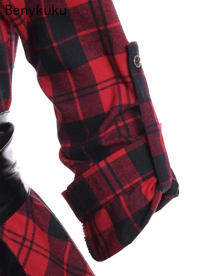 Women Red Plaid Belted Roll Tab Sleeve Handkerchief Dress Grunge Gothic Casual Dresses Vestidos Button Up Long Sleeve Streetwear