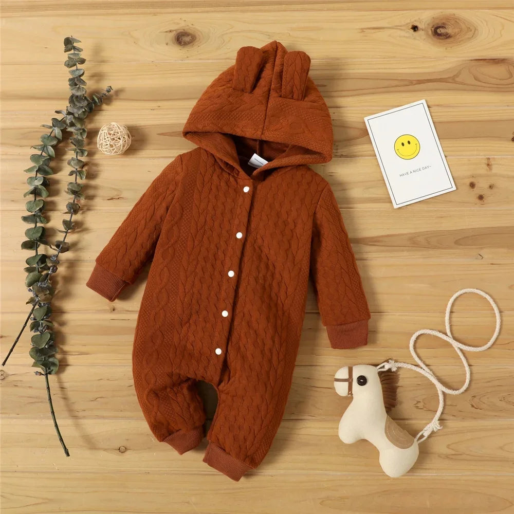 Baby Hooded Romper with Cute Ears, Long Sleeve Bodysuit, 0 to 18 Months