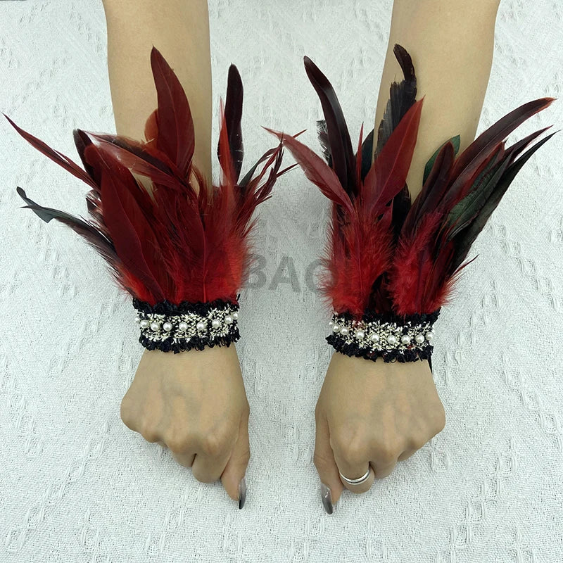 Natural Feather Wrist Cuffs Elegant Fur Sleeve Arm Accessories Gothic Halloween Cosplay Feather Gloves Pearl Arm Cuff 2pcs