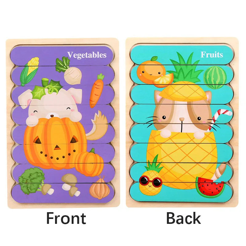 Cartoon Animal Double-sided Strip Wooden Puzzles Kids Montessori Jigsaw Game Baby Educational Toys for Children