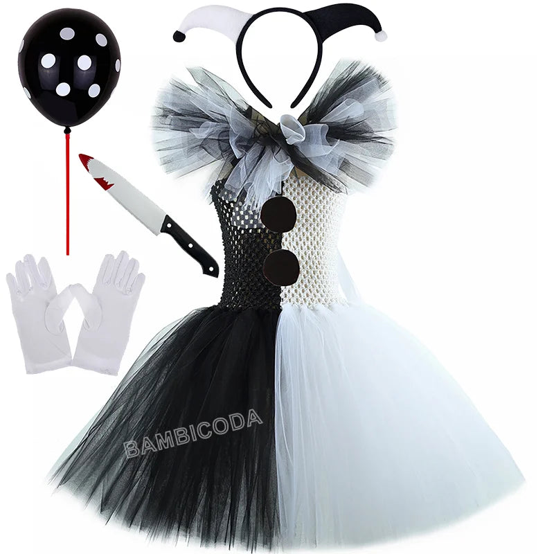 Girls Black White Horror Clown Tutu Dress Costume