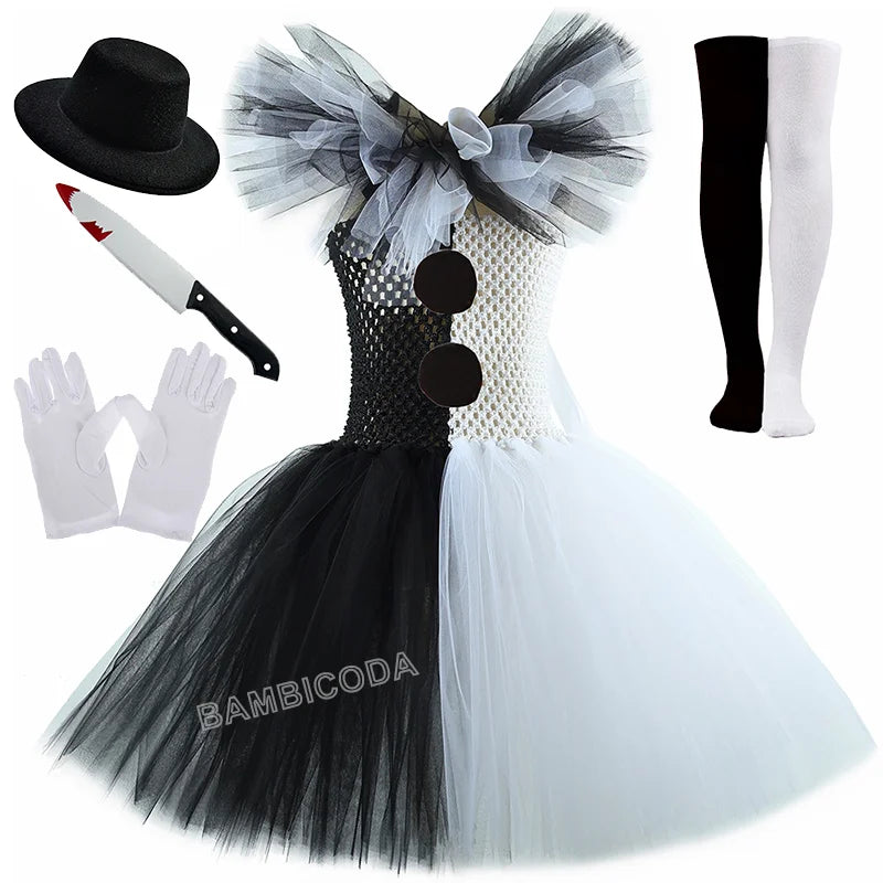 Girls Black White Horror Clown Tutu Dress Costume