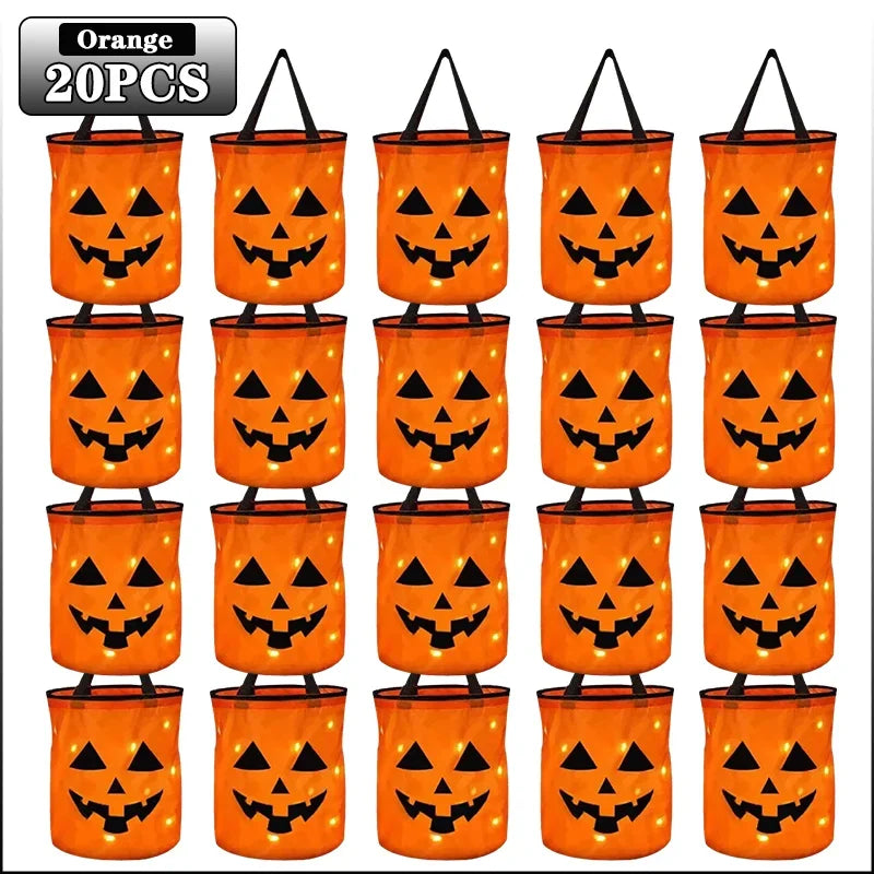 1-20PCS Halloween Pumpkin Tote Bag LED Light Up Handle Reusable Trick or Treat Candy Bag for Kids Party Decor Gift Present