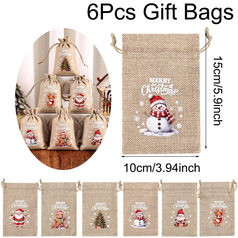 6pc Christmas Linen Drawstring Bags Burlap Gift Bags Candy Biscuits Pouchs for Home Decor 2025 Xmas Navidad Noel Gift Packaging