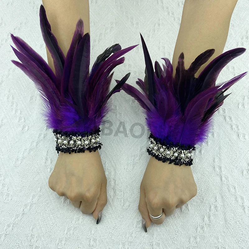 Natural Feather Wrist Cuffs Elegant Fur Sleeve Arm Accessories Gothic Halloween Cosplay Feather Gloves Pearl Arm Cuff 2pcs
