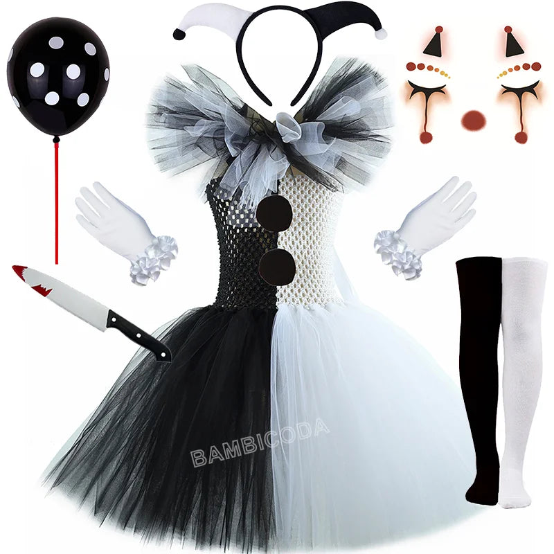 Girls Black White Horror Clown Tutu Dress Costume