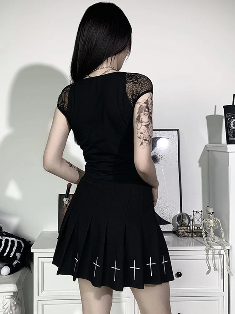 Women's Vintage Gothic T-shirt Bodycon Bandage Lace Black Mesh Top Sexy Casual Gothic Streetwear Female Top