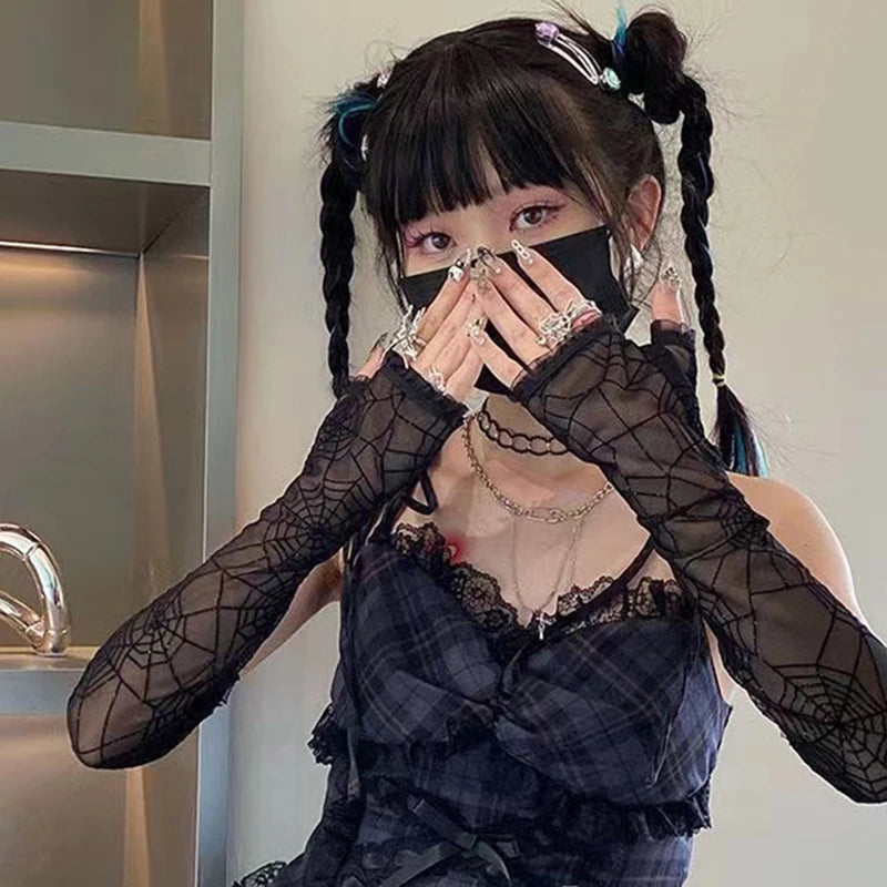 Gothic Lolita Girls Black Spider Web Cross Gloves Punk Harajuku Halloween Cosplay Women Half Finger Fingerless Lace Mesh Mittens