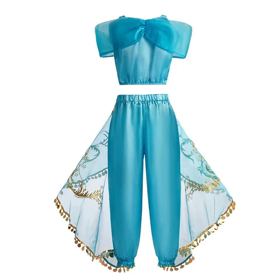 Title Girls Princess Jasmine Cosplay Costume Set Kids Arabian Outfit With Wig Crown Lamp Halloween Carnival Birthday Party Fancy Dress