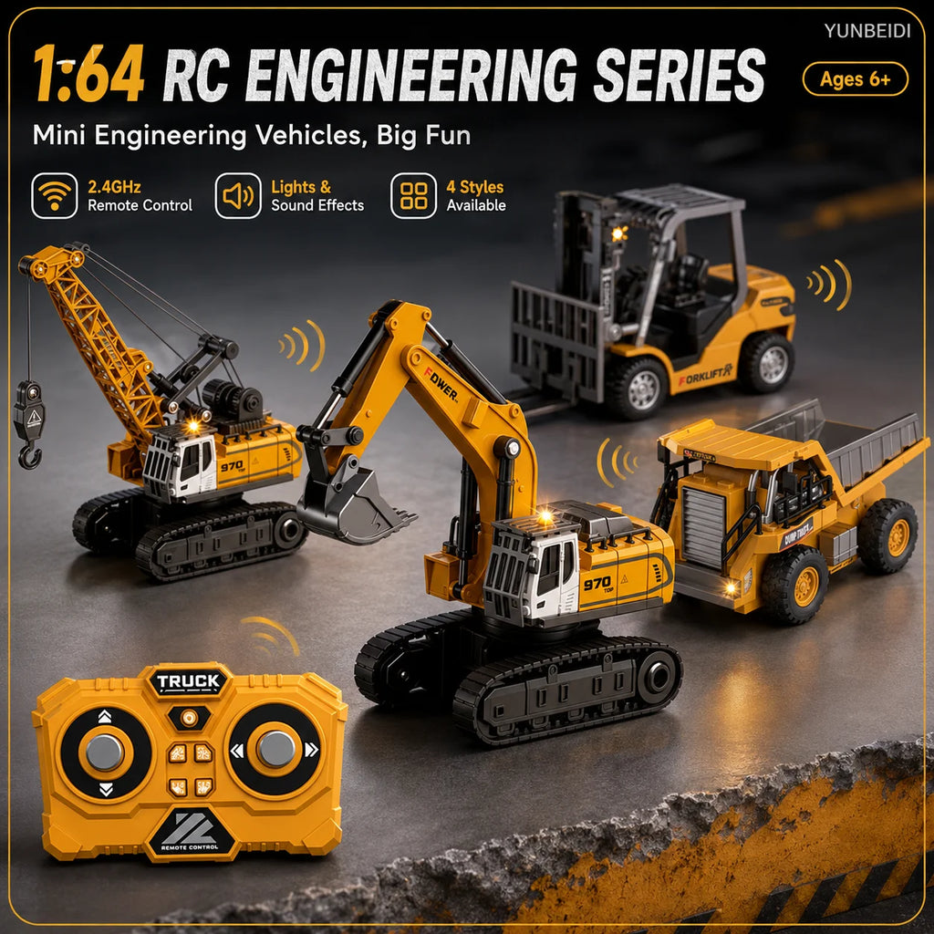 1:64 2.4G RC Mini Alloy Car Forklift with Trailer Excavator Desktop Game Remote Control Engineering Lift Truck Child's Toy Gifts
