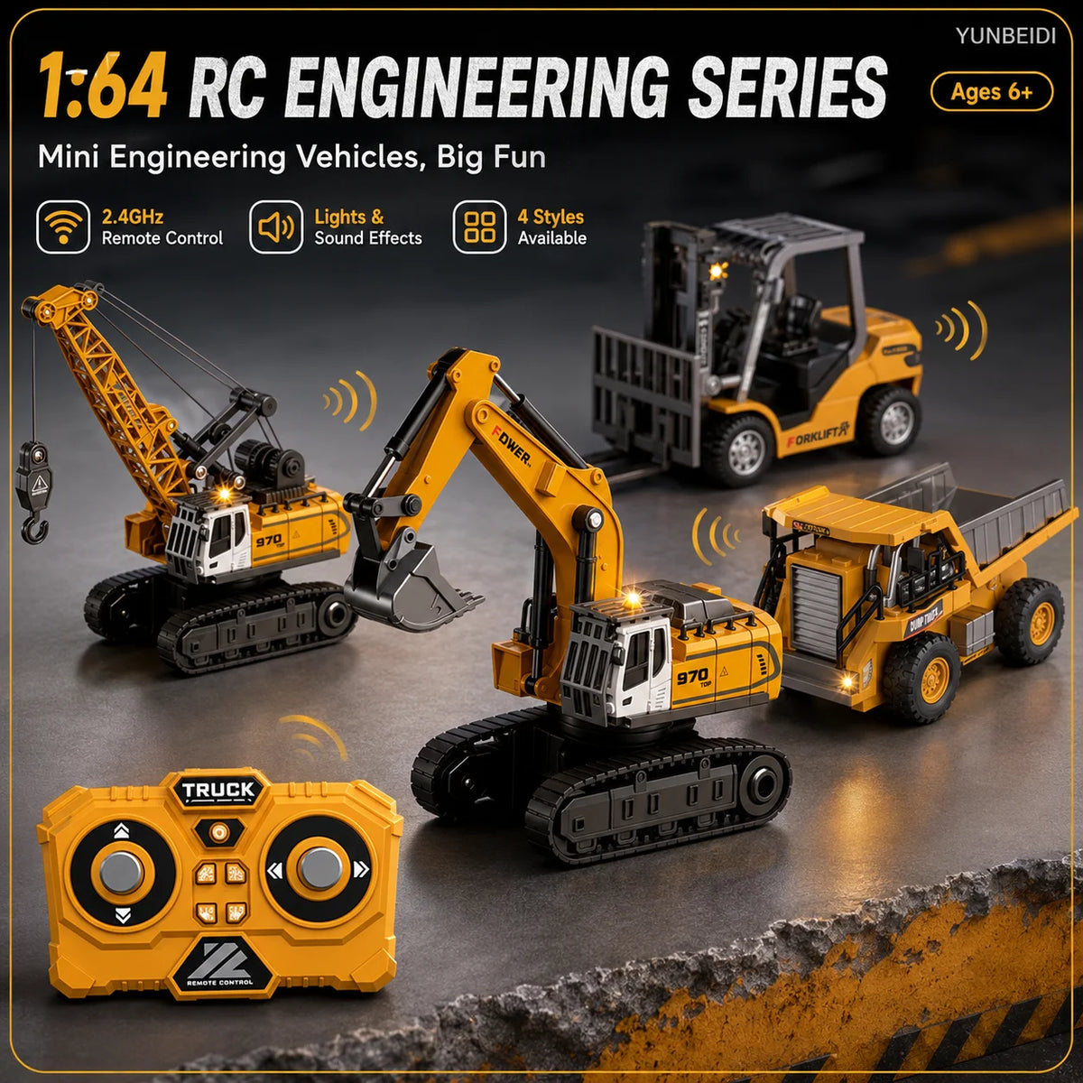 1:64 2.4G RC Mini Alloy Car Forklift with Trailer Excavator Desktop Game Remote Control Engineering Lift Truck Child's Toy Gifts