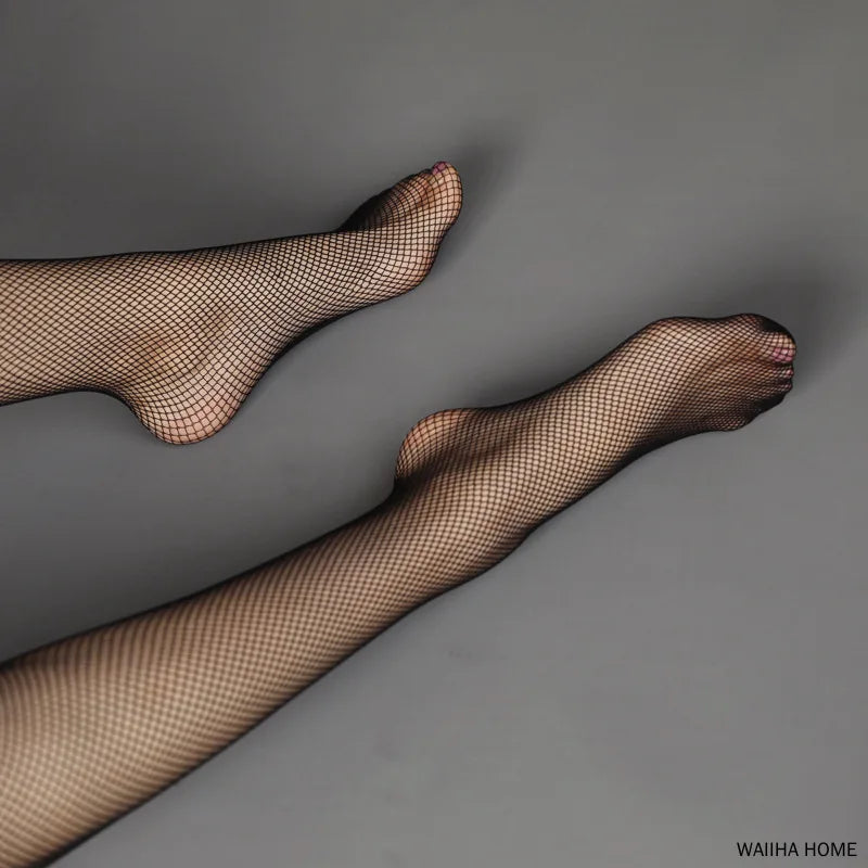 Black Fishnet Over Knee Stockings with Lace Detail