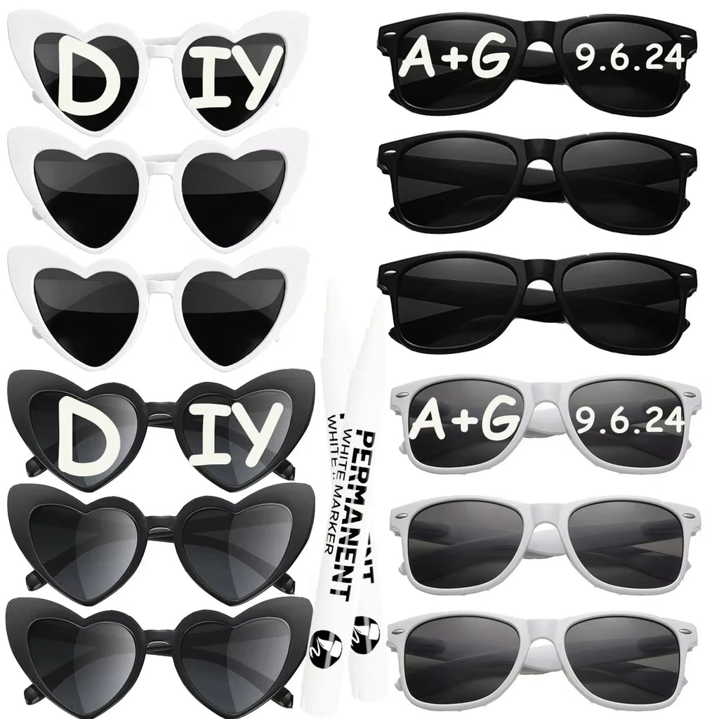 12-120Pcs Wedding Heart Sunglasses with Pen Personalised Heart Glasses Bachelorette Party Sunglasses for Wedding Party Favors