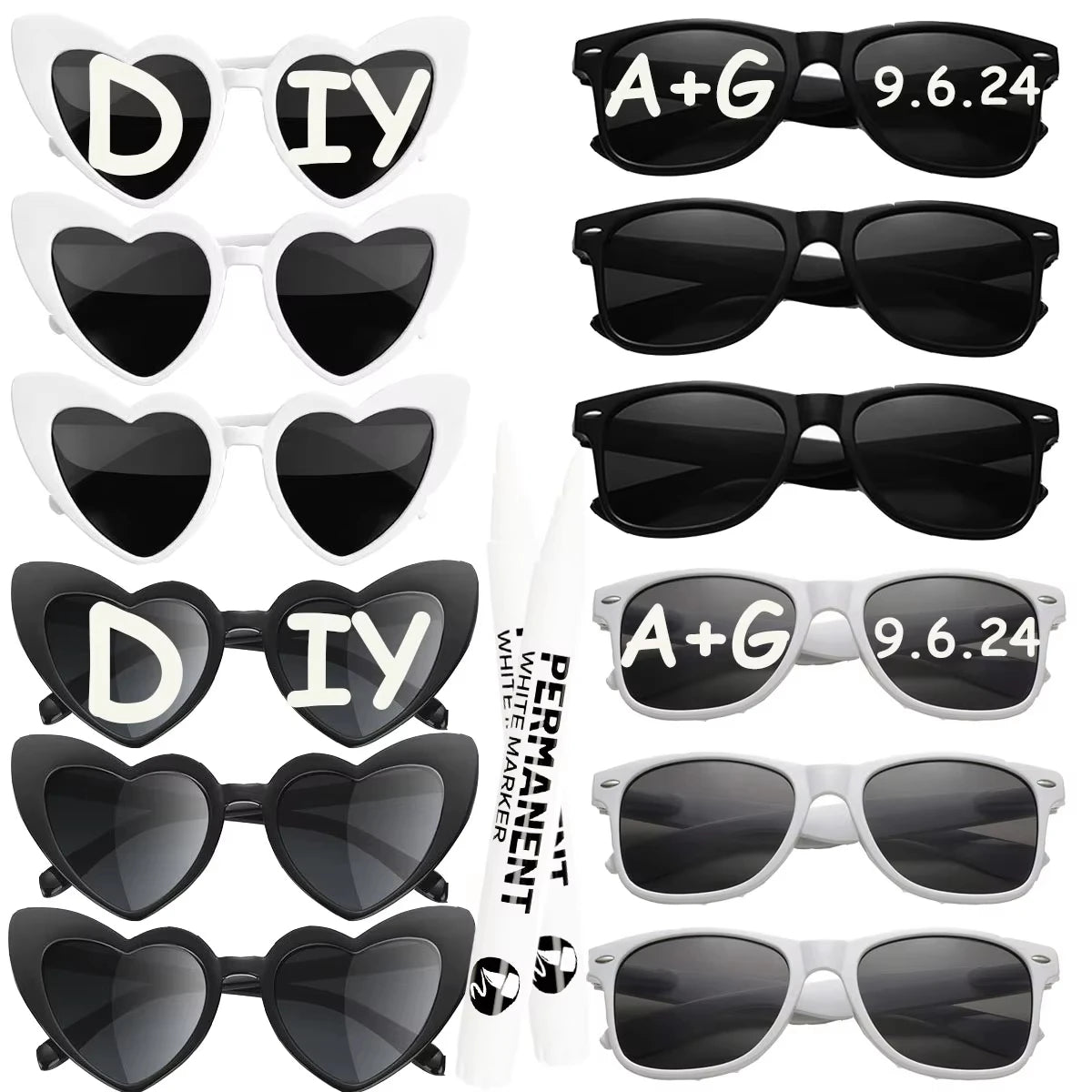 12-120Pcs Wedding Heart Sunglasses with Pen Personalised Heart Glasses Bachelorette Party Sunglasses for Wedding Party Favors