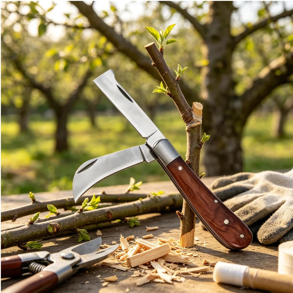 Folding Grafting Knife Grafting Tools Grafting Pruning Knife Professional Garden Fruit Tree Grafting Cutter Wooden Handle Knife