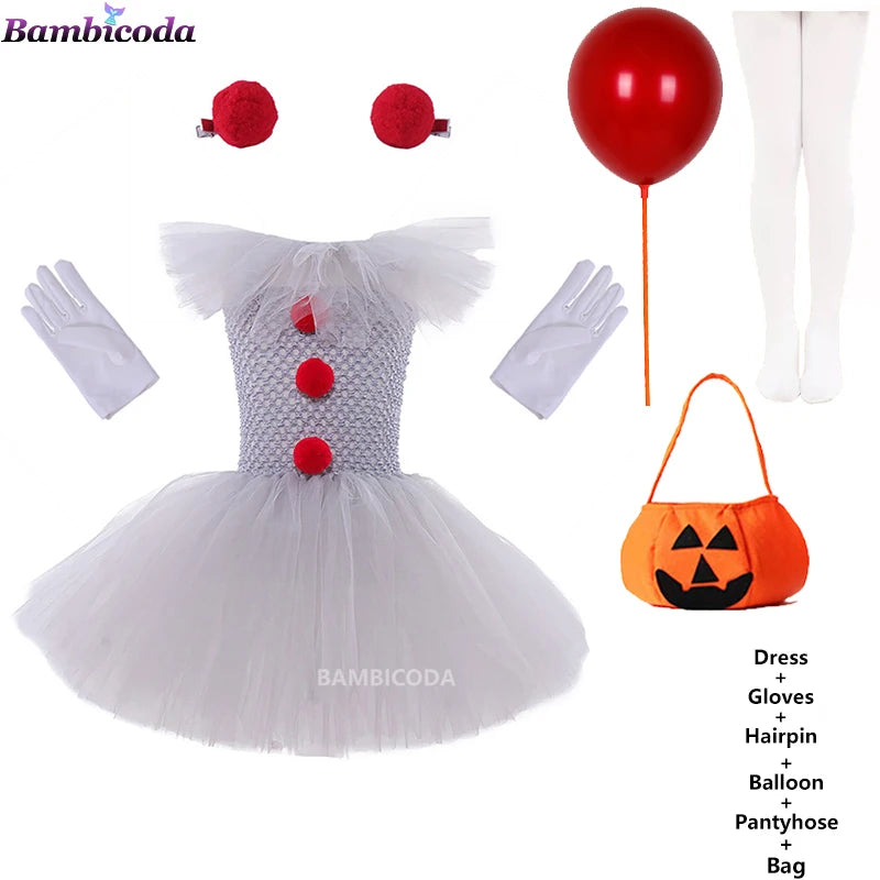 Girls Gray Clown Tutu Dress Halloween Costume