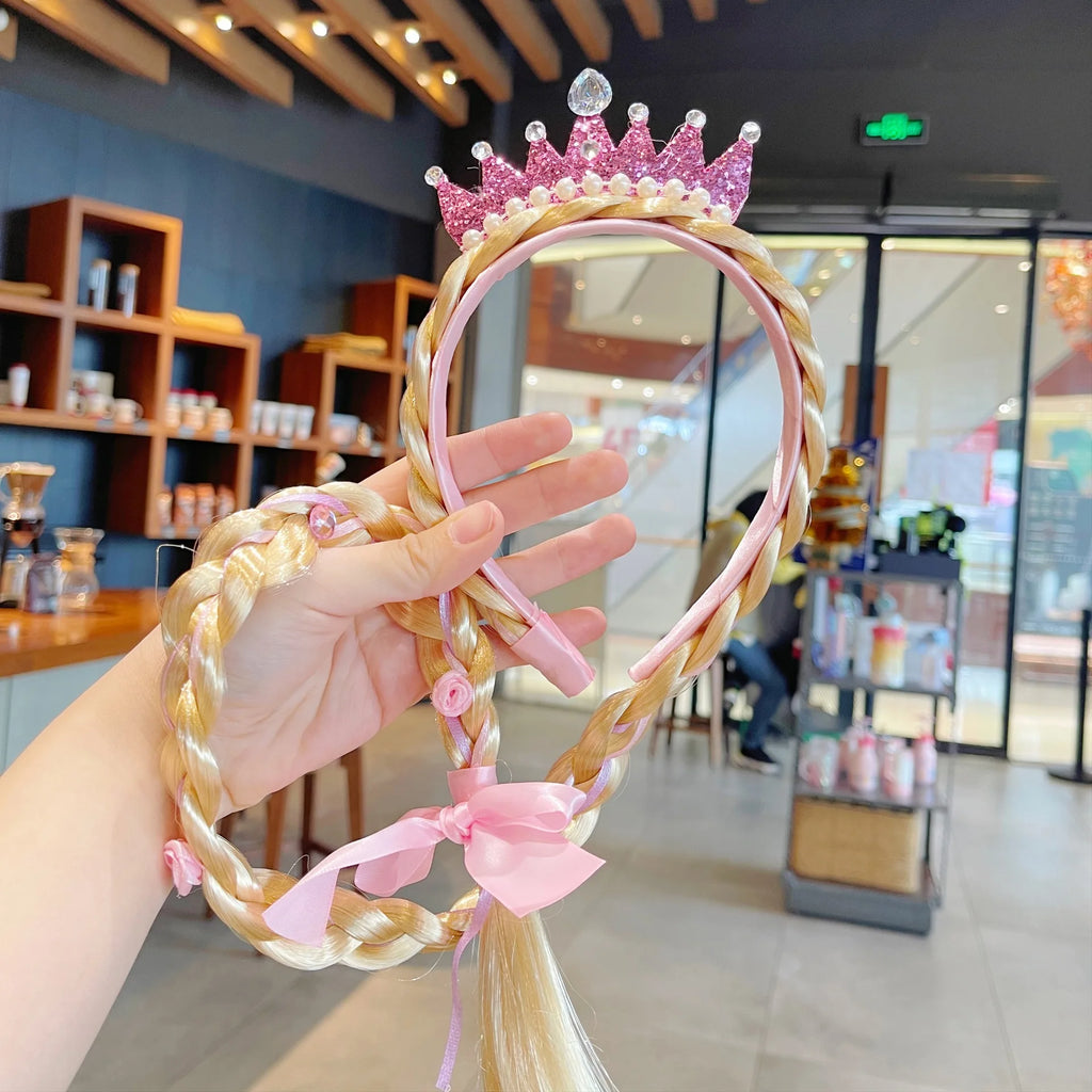 Princess Crown Headband with Braided Wig and Bow for Girls