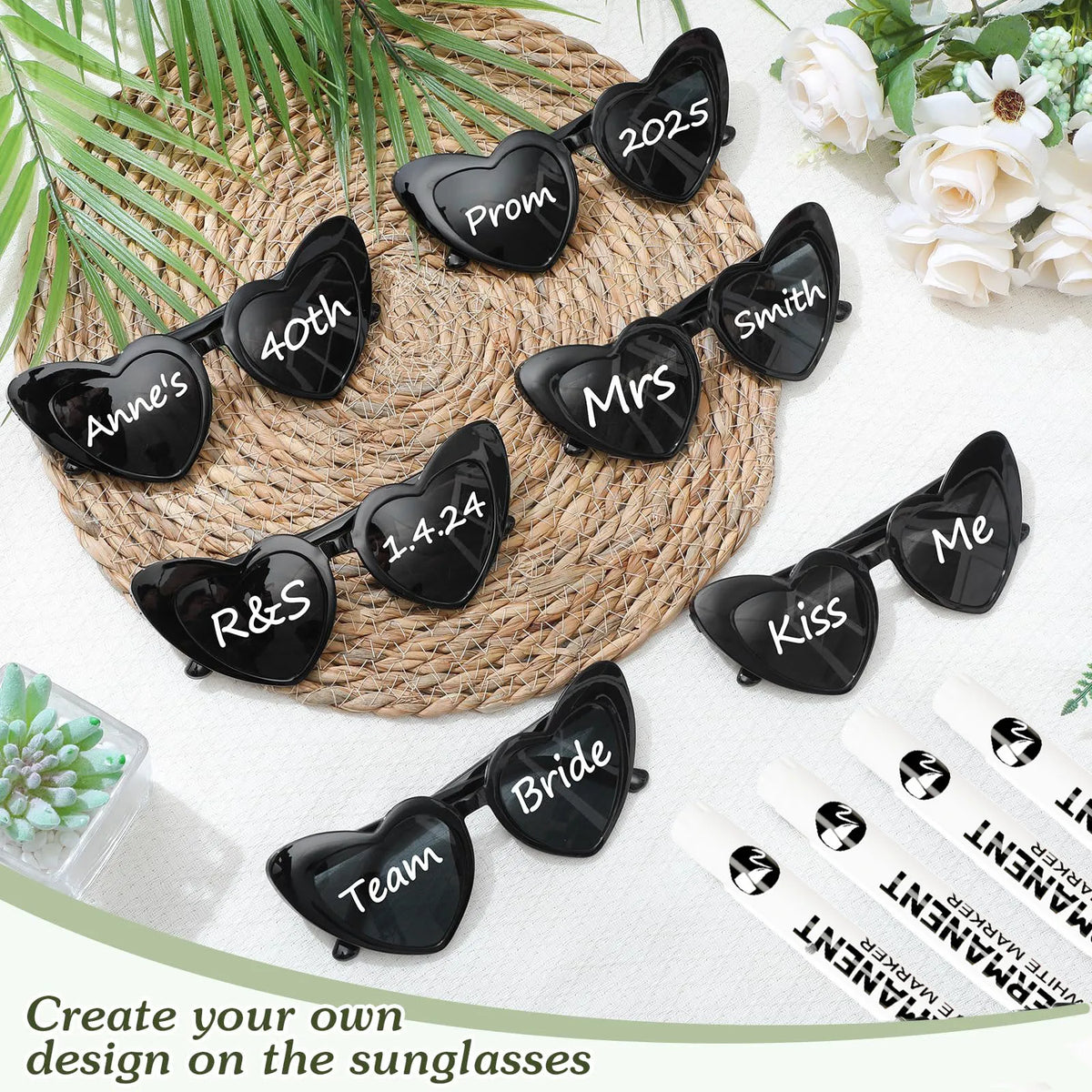 12-120Pcs Wedding Heart Sunglasses with Pen Personalised Heart Glasses Bachelorette Party Sunglasses for Wedding Party Favors