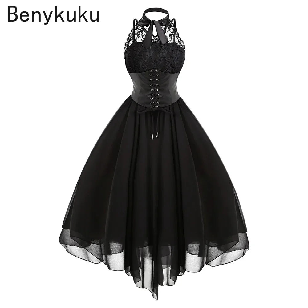 Victorian Gothic Punk Vintage Halter Dresses 2026 Women Black Sleeveless Cross Back Retro Lace Panel Corset Swing Party Dress