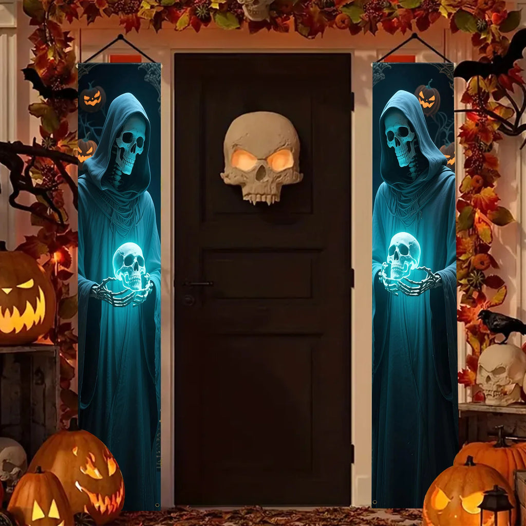 A pair of Halloween decorative banners made of polyester, featuring a skull figure design and door and wall decorations