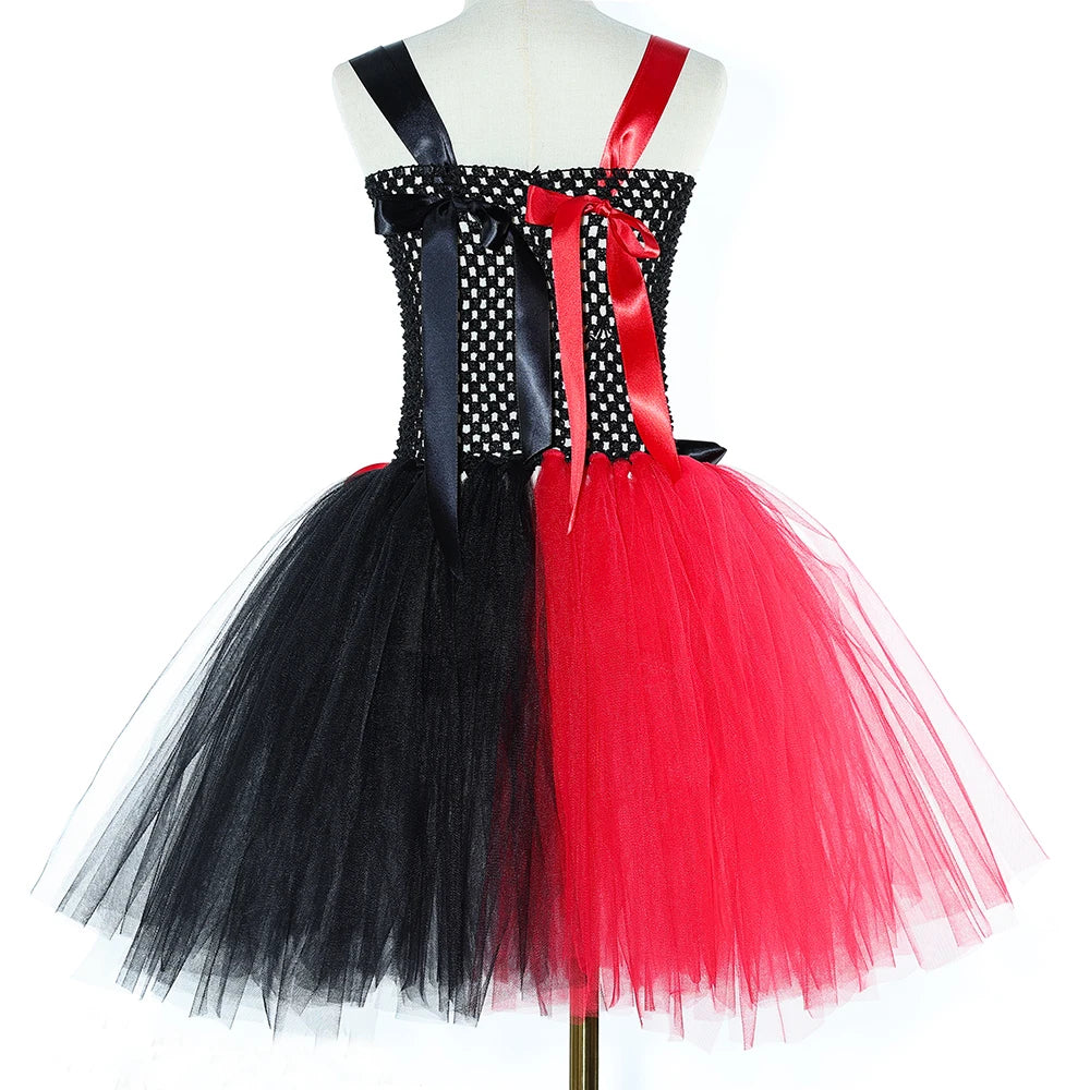 Girls Red Black Clown Costume Tulle Tutu Dress