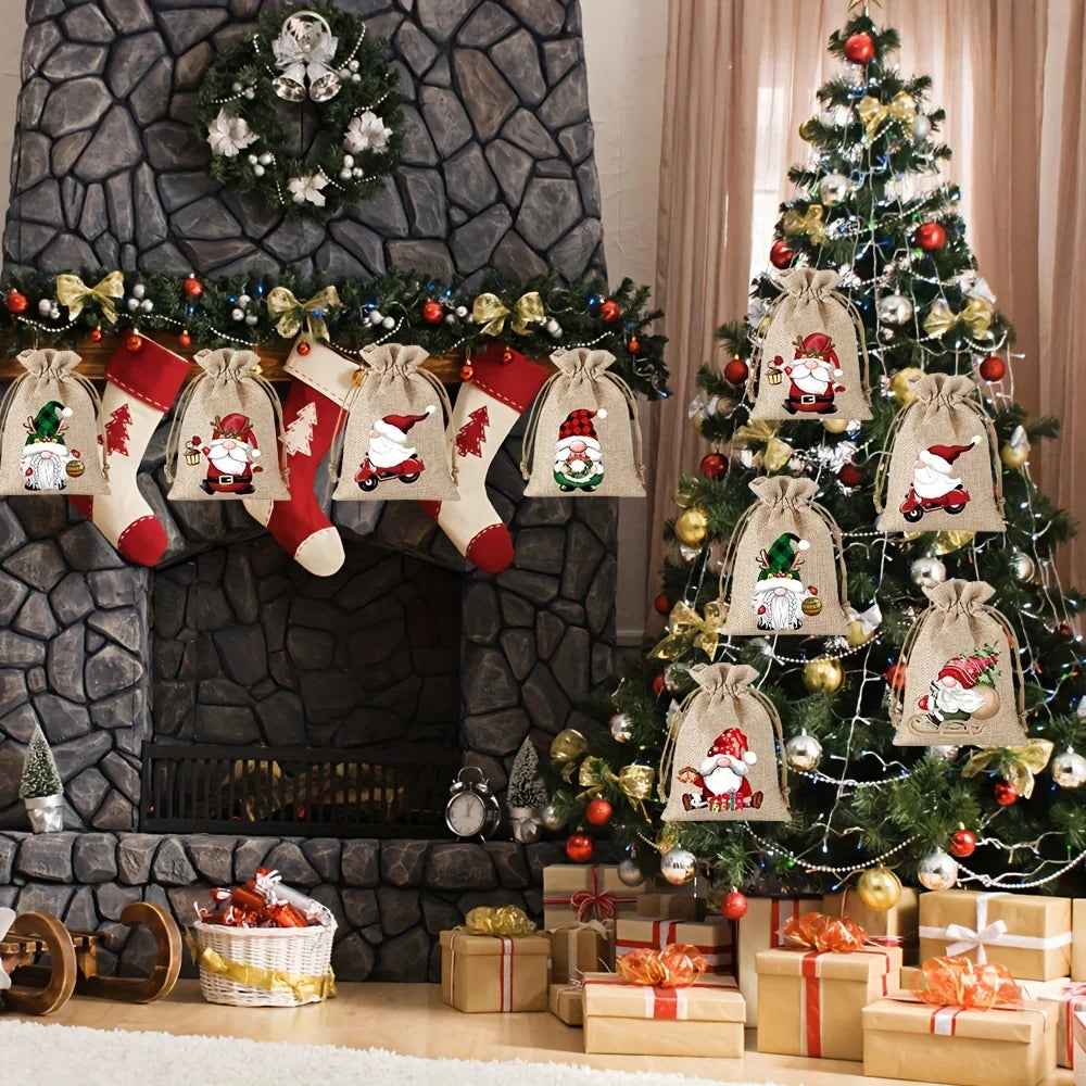 12pcs Set 13*18cm New Christmas Linen Drawstring Gift Bags, Jewelry Gift Bags, Party Drawstring Gift Pouches in Random Patterns