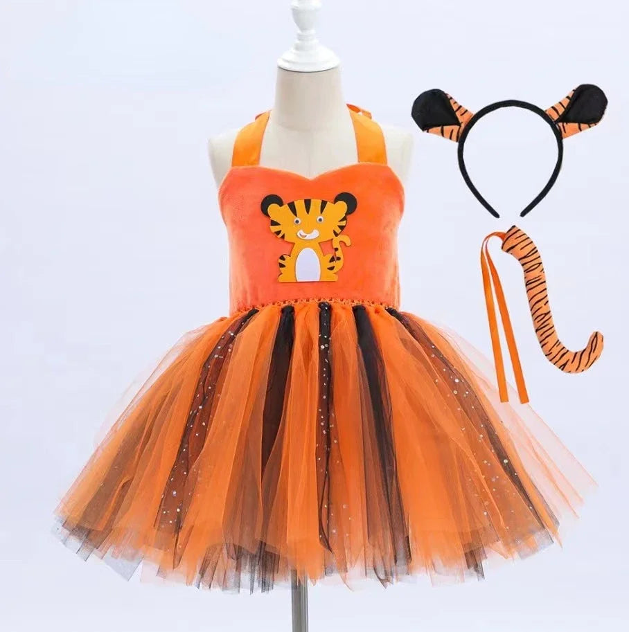 Baby Girls Halloween Animal Cosplay Costume Kids Forest Theme Giraffe Cows Tiger Leopard Zebra Print Tutu Dress Birthday Party