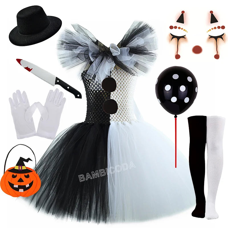 Girls Black White Horror Clown Tutu Dress Costume